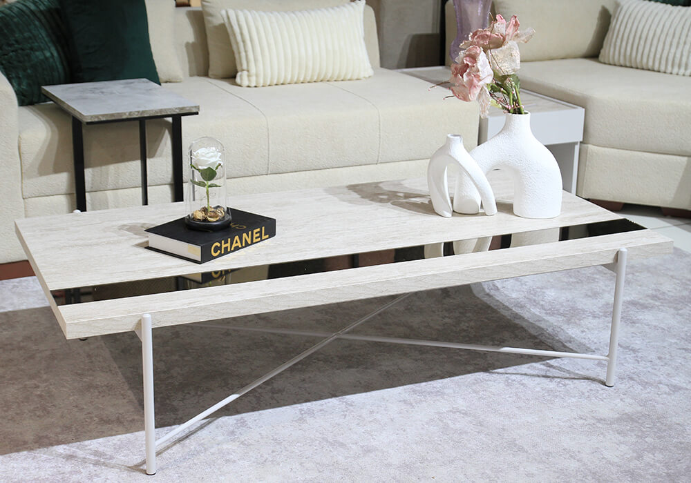 TABLE BASSE ZEN TRAVERTIN AVEC MOTIF 1M50